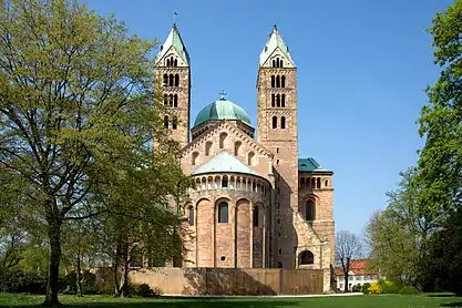 Speyer Cathedral, Germany, from the east, shows the apse projecting from a chancel framed by towers, with an octagonal dome over the crossing.