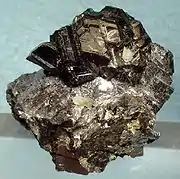 Sphalerite and galena ore specimen from the Naica mine. Size: 4.7 cm × 3.6 cm × 2.6 cm (1+3⁄4 in × 1+1⁄2 in × 1 in).