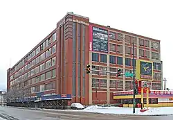 The Spiegel Administration Building, a Chicago Landmark, located in the Central Manufacturing District at the intersection of West 35th Street and South Morgan Street.