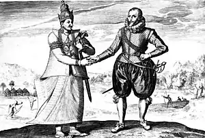 Image 36A 17th-century engraving of Dutch explorer Joris van Spilbergen meeting with King Vimaladharmasuriya in 1602 (from Sri Lanka)