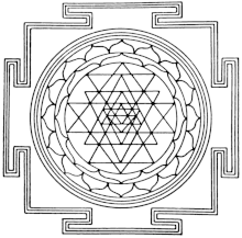 A diagramic drawing of the Sri Yantra, showing the outside square, with four T-shaped gates, and the central circle