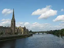 Smeaton's Bridge, with St Matthew's Church, on Tay Street, on the left, looking north from Queen's Bridge