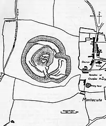 Drawing showing two concentric almost circular rings near the centre. The church and other buildings of the village are to the right.