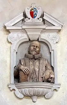Broken pediment on the monument to John Speed, London, c. 1630