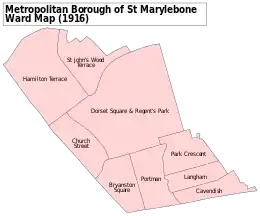 A map showing the Park Crescent ward of St Marylebone Metropolitan Borough as it appeared in 1916; note re-warding was intended as a regularly-changing demographic action, for roughly equal apportionment of voters, so each has a fair total of voters or residents to councillors. For a few, London's are turned to for self-identity, rivalling postcodes, the original Anglican parish scheme, key amenities such as Tube stations or similar zones of housing; but they can be completely redrawn and renamed.