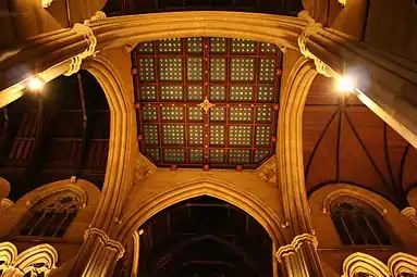 The ceiling of the central bell tower is of painted oak