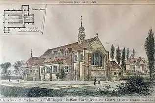 Shaw's St Michael and All Angels, drawn by Maurice Adams for Building News, 1879