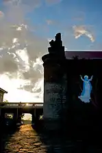 The elevated walkway connecting the convent to the church