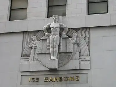 Ralph Stackpole's sculpture group over the door of the San Francisco Stock Exchange, San Francisco, California (1930)