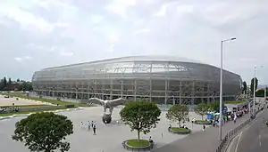 The exterior of the stadium at the corner of Üllői út and Könyves Kálmán körút