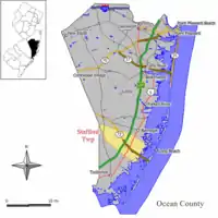 Map of Stafford Township in Ocean County. Inset; Location of Ocean County highlighted in the State of New Jersey.