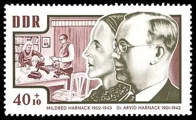 A Commemorative stamp honouring Mildred Harnack and her husband Arvid that was issued by the Deutsche Post of the GDR in 1964