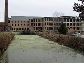 Stanely Woolen Mill, Nov. 11, 2009, Uxbridge, MA, with view of the Blackstone Canal