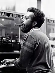 Cowell playing with the Heath Brothers in Rockefeller Center, June 1977