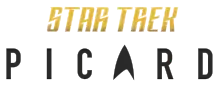 Over a white background the words "Star Trek" are written in yellow letters above the word "Picard" in black, with the 'A' in "Picard" replaced by the Starfleet logo.