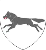 A coat of arms showing a gray wolf on a white field.