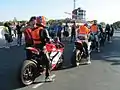 Newcomers line-up at the start-line at the TT Grandstand for the Competitors Speed Control-Lap 26 May 2012