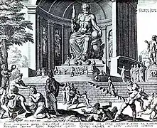 A fanciful reconstruction of Phidias' Statue of Zeus at Olympia, engraving by Philip Galle in 1572, from a drawing by Heemskerck