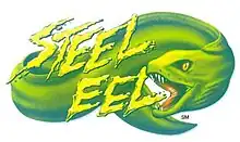 The script text of "Steel Eel" is italicized, colored yellow, and features rough edges with disconnected spurts of yellow lining the tips of each letter's edge. A green eel is in the background wrapping around in an "s" pattern, with its mouth opened about to bite the "L" in the word "Eel".