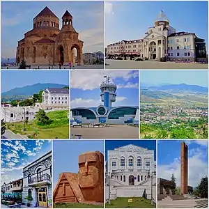 From top left: Holy Mother of God Cathedral Renaissance Square • Downtown Stepanakert Stepanakert Airport •  Stepanakert skyline Park Hotel Artsakh  • We Are Our Mountains Artsakh University 
 • Stepanakert Memorial