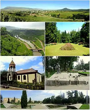 From top left:Panoramic view of StepanavanDzoraget River • Stepanavan DendroparkSurp Sarkis Church • Memorial to Sos SargsyanStepanavan central square