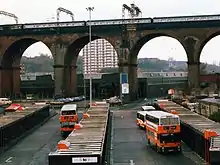 Image 13Stockport Bus Station in 1988. Greater Manchester Transport (later GM Buses) operated bus services throughout the county, from 1974 to 1993. (from Greater Manchester)