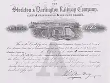 Railway company share certificate including engraving of Skerne Bridge