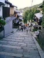 Stone steps on a slope lined by houses.