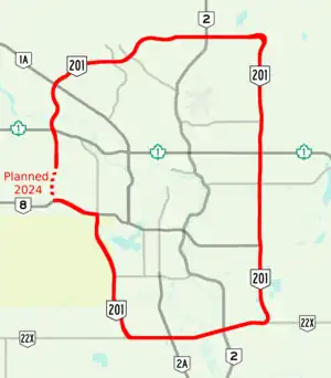 Stoney Trail encircles the northern, eastern, and southern portions of Calgary, with the west section of the road currently under construction.