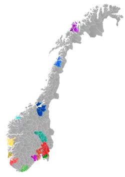 Kristiansandregionen marked in green in the far southern tip of Norway