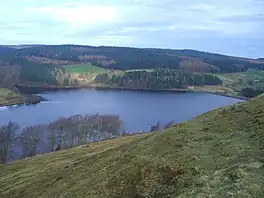 An upland lake surrounded by hills