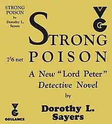 book cover of Strong Poison, with name of author and the words "A new "Lord Peter" Detective Novel