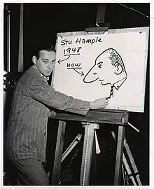 Hample drawing in 1948. The photo was retouched to include the cartoon image of himself at a later date.