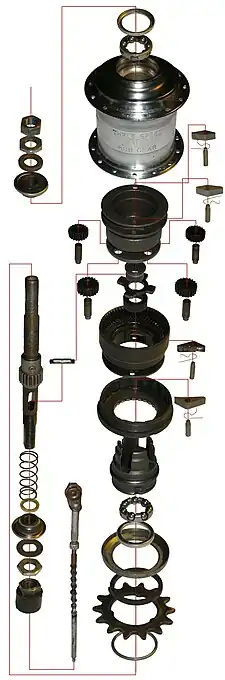 Exploded view of a Sturmey Archer three-speed gear hub.