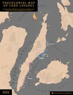 Map of the Rajanate of Cebu in 1521, with Sugbu under Rajah Humabon colored as dark blue, and its subordinate barangays as lighter blue. Mactan under Si Lapulapu is colored yellow green.