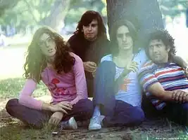 Sui Generis in 1974. From left to right: Charly García, Juan Rodríguez, Nito Mestre and Rinaldo Rafanelli.