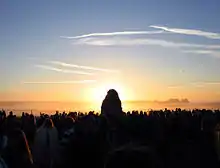 The sun is directly behind the Heel Stone at sunrise on the summer solstice