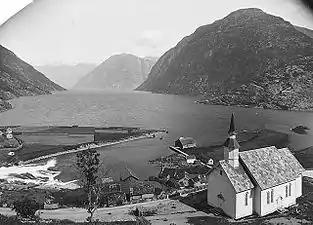 Sunnylven Church and Hellesylt village, at Sunnylvsfjorden (photo approx 1890)