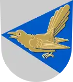 Suomenniemi district (Finland): Argent, on a pile issuant from sinister azure, a cuckoo Or.