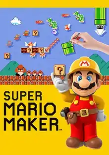 Mario, wearing a construction worker outfit is holding a ? Block next to the game's logo. On the top, a hand is making a course in the style of the original Super Mario Bros. for the NES.