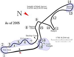 Track layout of the Suzuka Circuit. The track has 18 corners that vary in sharpness from sweeping to tight hairpins. The pit lane splits off from the circuit at the entry of turn eighteen and rejoins before the entry of the first corner.