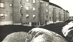 One of the original buildings at Svappavaara, designed by Ralph Erskine, which forms a long wind break.