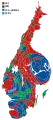 Cartogram of the map to the left with each municipality rescaled to the number of valid votes cast.