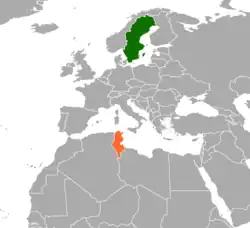 Map indicating locations of Sweden and Tunisia