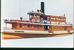 Colour illustration of Lady Scott showing the five "Lady class" ferrys' original livery including varnished timber and black funnels.