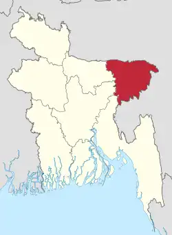 Map indicating the extent of Sylhet Division within Bangladesh