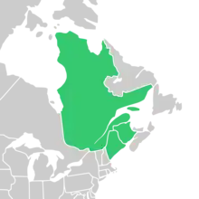 Symphyotrichum anticostense distribution shaded green: Canada – New Brunswick and Québec; US – Maine.