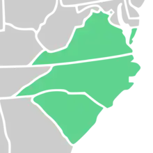 Symphyotrichum grandiflorum native distribution map: North Carolina, South Carolina, and Virginia (US).