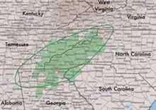 Symphyotrichum retroflexum native distribution: US — Blue Ridge Mountains of Alabama, Georgia, North Carolina, South Carolina, Tennessee, and Virginia. Source: USDA, NRCS PLANTS Database with added information from John C. Semple's Astereae Lab.