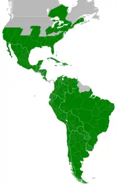 Symphyotrichum subulatum distribution map: Argentina; Bahamas; Belize; Bolivia; Brazil; Canada — New Brunswick and Ontario; Chile; Colombia; Costa Rica; Cuba; Dominican Republic; Ecuador; Guatemala; Haiti; Honduras; Jamaica; Mexico; Nicaragua; Paraguay; Peru; Uruguay; US — Alabama, Arizona, Arkansas, California, Connecticut, Delaware, Florida, Georgia, Illinois, Indiana, Kansas, Louisiana, Maine, Maryland, Massachusetts, Michigan, Mississippi, Nebraska, Nevada, New Hampshire, New Jersey, New Mexico, New York, North Carolina, Ohio, Oklahoma, Pennsylvania, Rhode Island, South Carolina, Tennessee, Texas, Utah, and Virginia; and, Venezuela. Also introduced worldwide.